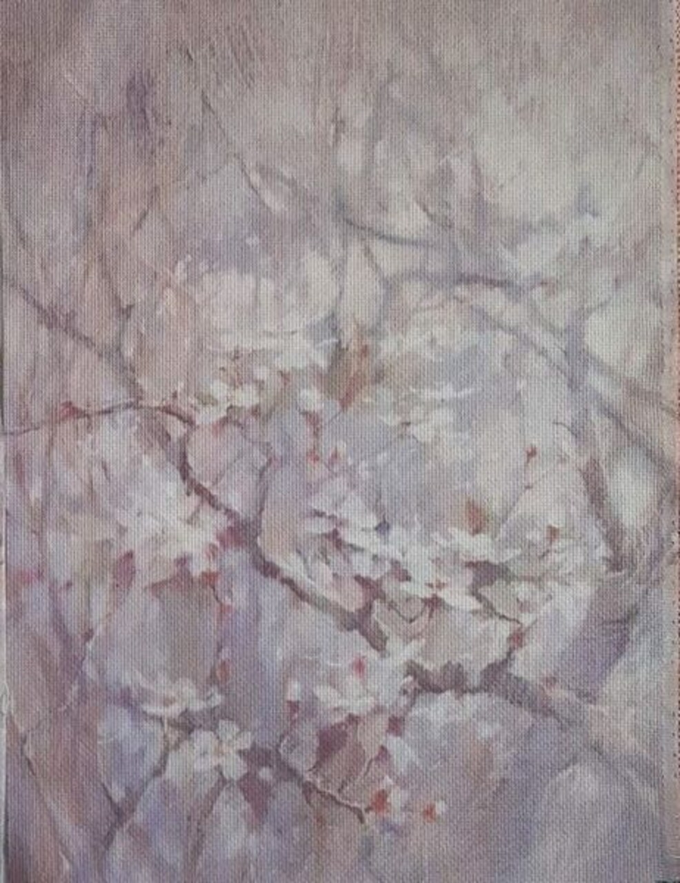 Cherry Blossom Fog Designer Printed AIDA Fabric. Canvas for embroidery with an applied background KF-1106A